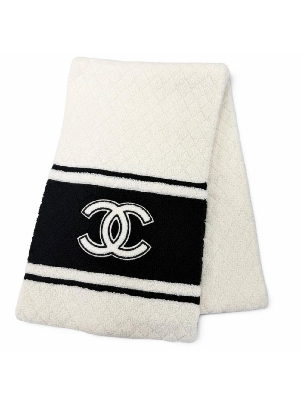 Chanel Cashmere Quilted CC Logo Large Shawl Scarf Black White